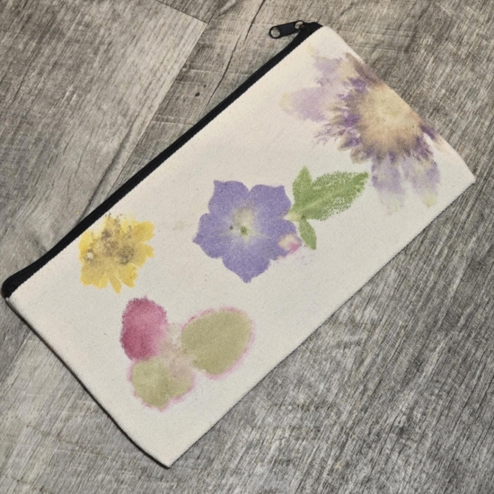 Floral Canvas Pouch with Hammered Flowers and Leaves